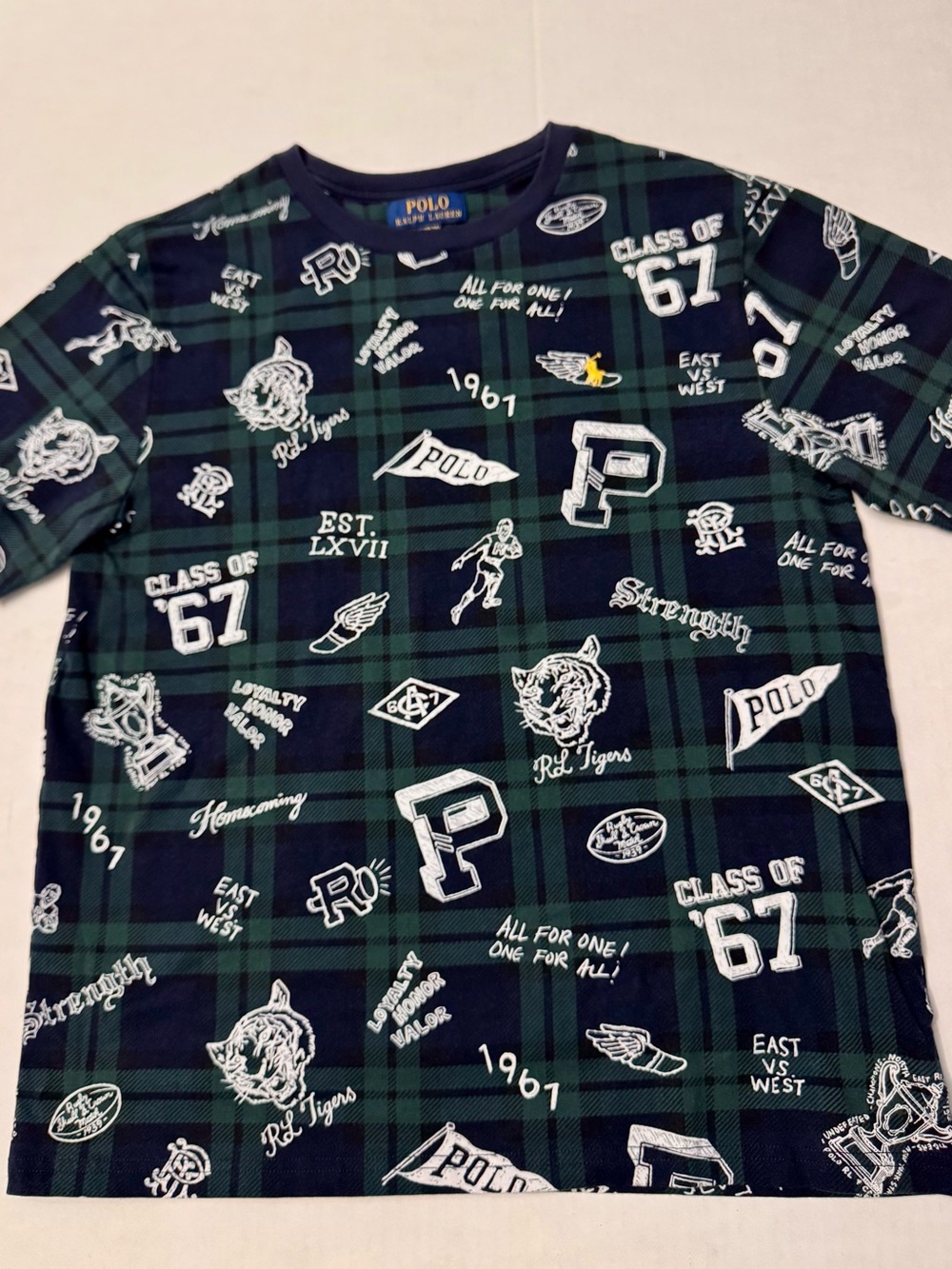 Polo Ralph Lauren Boys Black Watch Plaid Graphic T-Shirt Green Navy XL 18-20